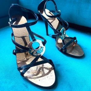 Fendi Monogram Black Leather Strappy Ankle Strap Sandals Heels